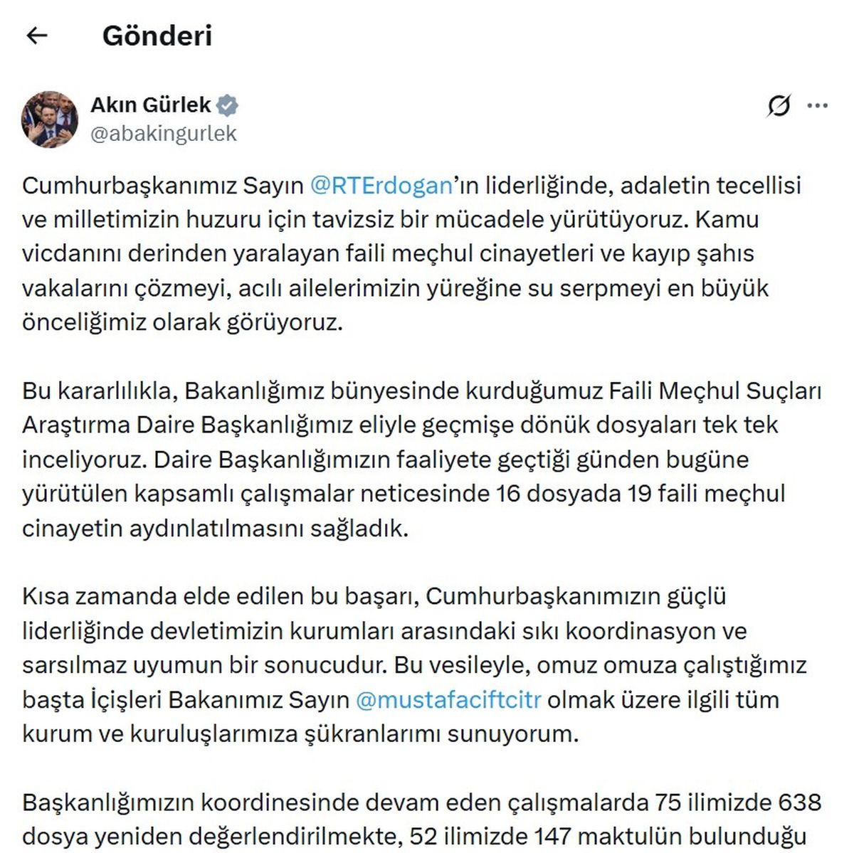 Bakan Gürlek: Faili Meçhul Suçları Araştırma Daire Başkanlığı'nın çalışmalarıyla 19 cinayet aydınlatıldı