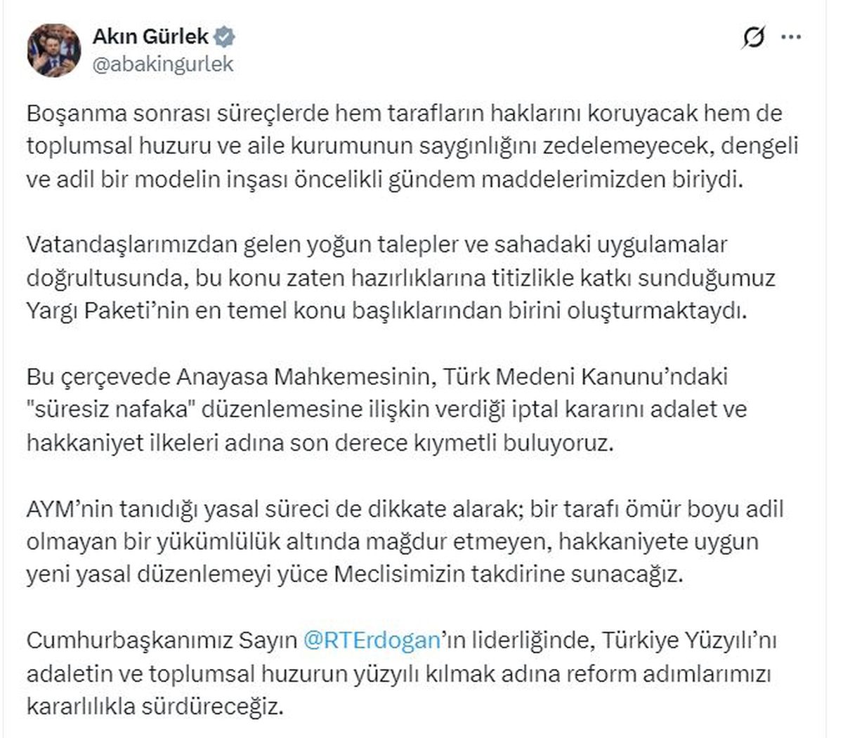 Bakan Gürlek'ten 'süresiz nafaka' düzenlemesinin iptaline ilişkin açıklama