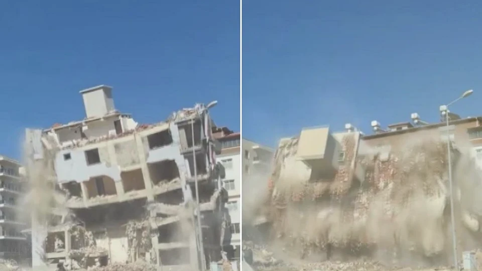 Hatay'da 6 katlı bina saniyeler içinde yerle bir oldu