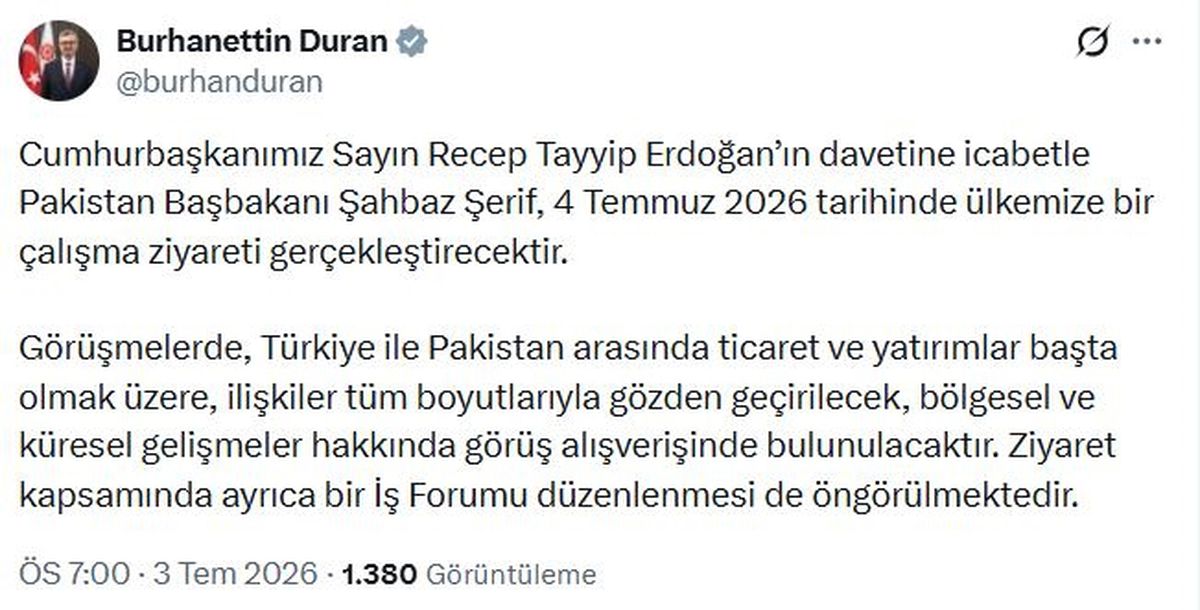 Pakistan Başbakanı Şahbaz Şerif, 4 Temmuz'da Türkiye'ye Çalışma Ziyareti Gerçekleştirecek