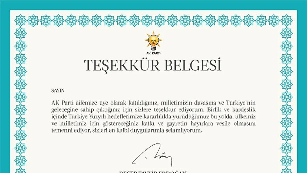 11 milyon üyeye Başkan Erdoğan imzalı teşekkür belgesi: AK Parti duyurdu