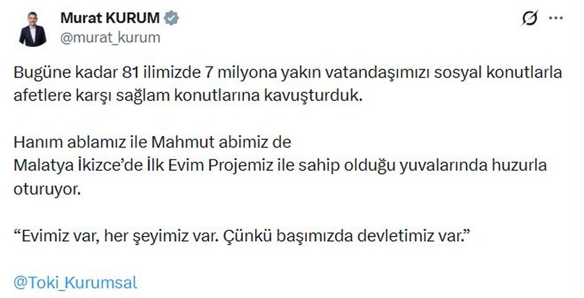 Bakan Kurum: Bugüne kadar 7 milyona yakın vatandaşımızı sosyal konutlarla kavuşturduk