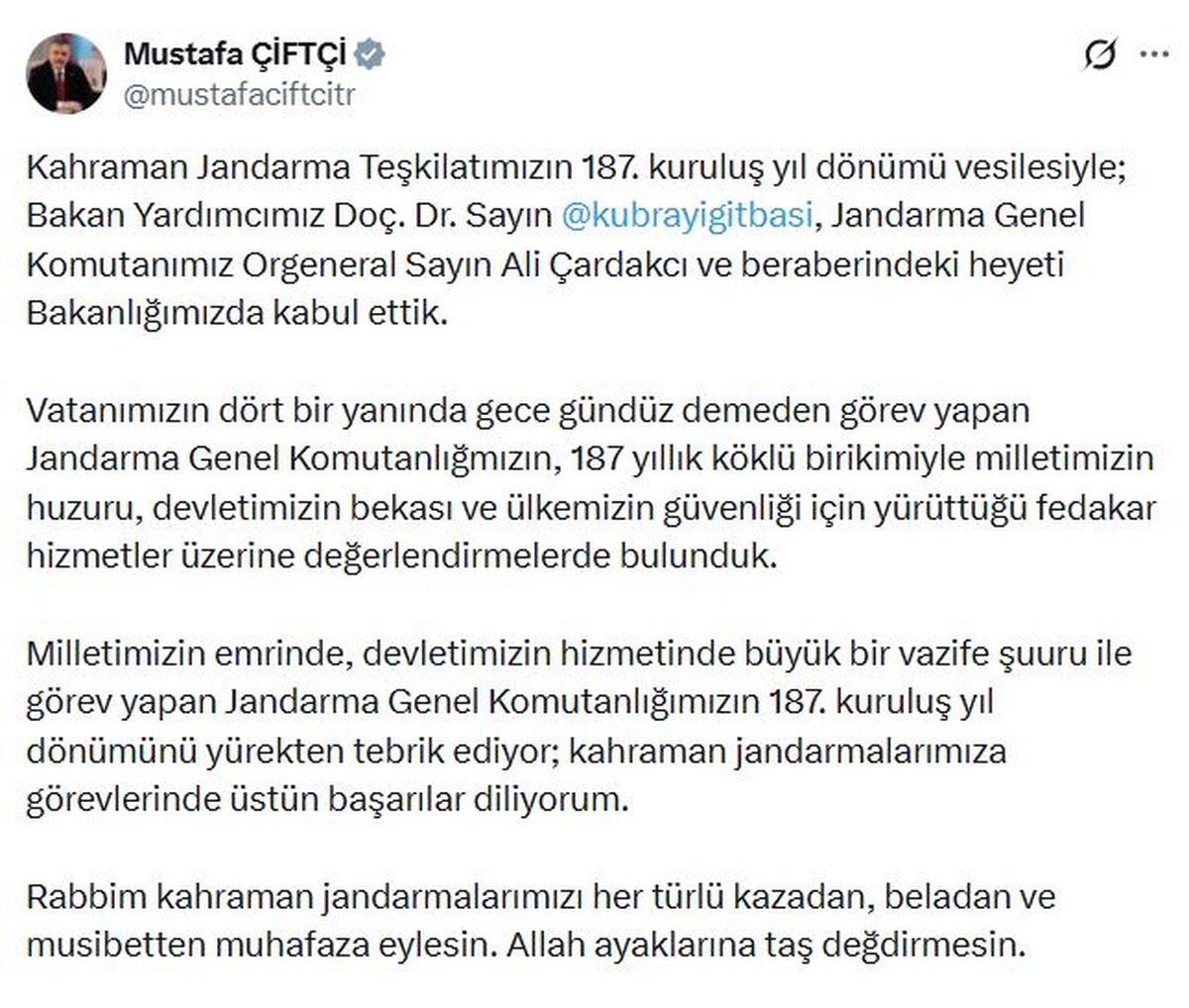 İçişleri Bakanı Çiftçi, Jandarma Teşkilatı'nın 187. Kuruluş Yıl Dönümünü Kutladı