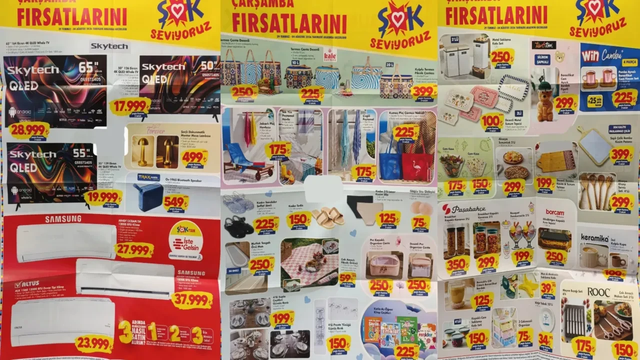 ŞOK 29 Temmuz-4 Ağustos Aktüel Ürünler Kataloğu 2026! Mantar lamba, klima çeşitleri, televizyon ve plaj ürünleri