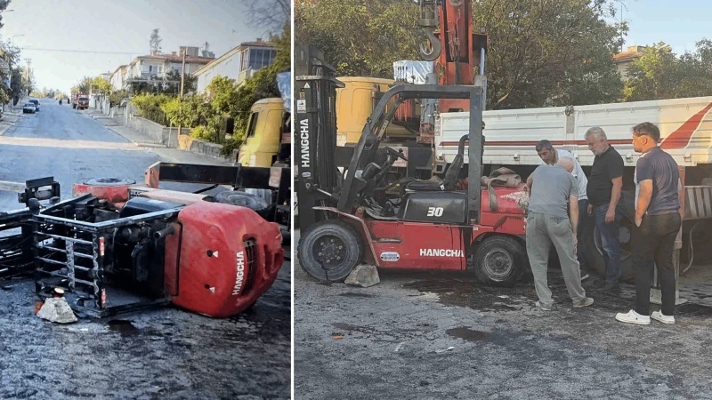 Kontrolden çıkan forklift yan yattı: Bir kişi yaralandı