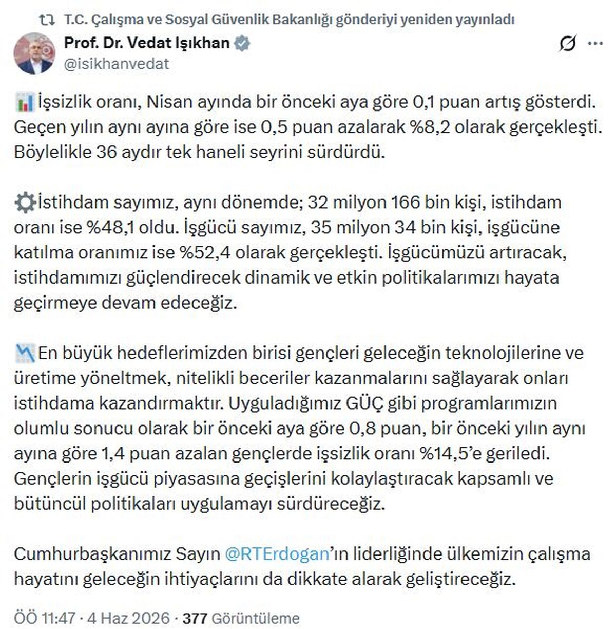 İşsizlik Oranı Nisan Ayında Yüzde 8,2 Olarak Gerçekleşti