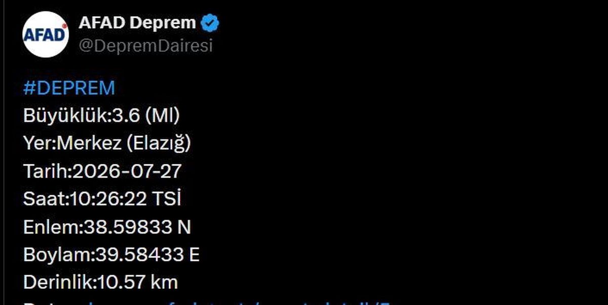 Elazığ’da 3.6 büyüklüğünde deprem