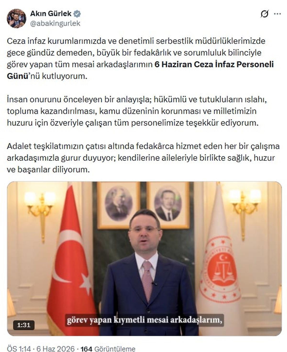 Bakan Gürlek'ten 'Ceza İnfaz Personeli Günü' mesajı