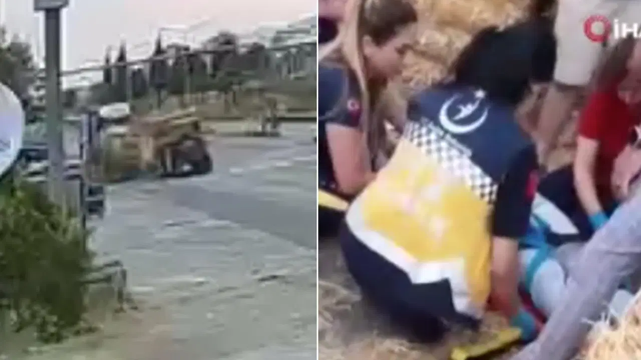 İlginç kaza: Traktörden yol kenarındaki adamın üzerine bir tonluk balya düştü