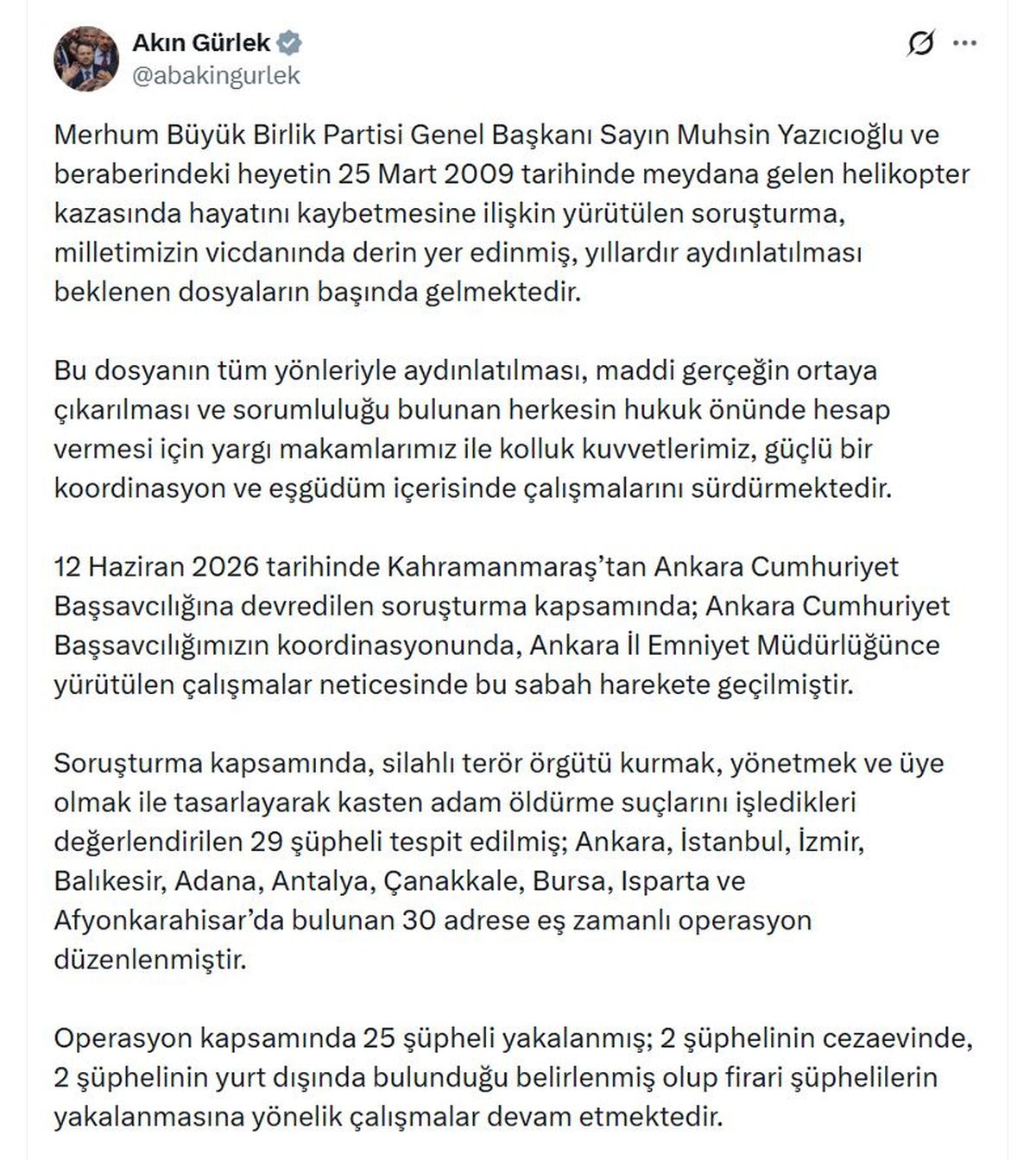 Muhsin Yazıcıoğlu soruşturmasında 29 şüpheli belirlendi