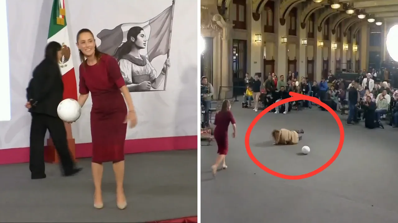 Basın toplantısına damga vurdu! Sheinbaum'un attığı topu yakalamak isteyen gazeteci yere kapaklandı