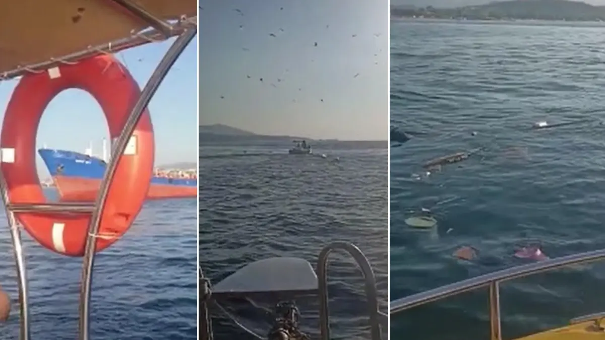 Son anda kurtuldular: Yalova'da dev geminin çarptığı tekne saniyeler içinde battı