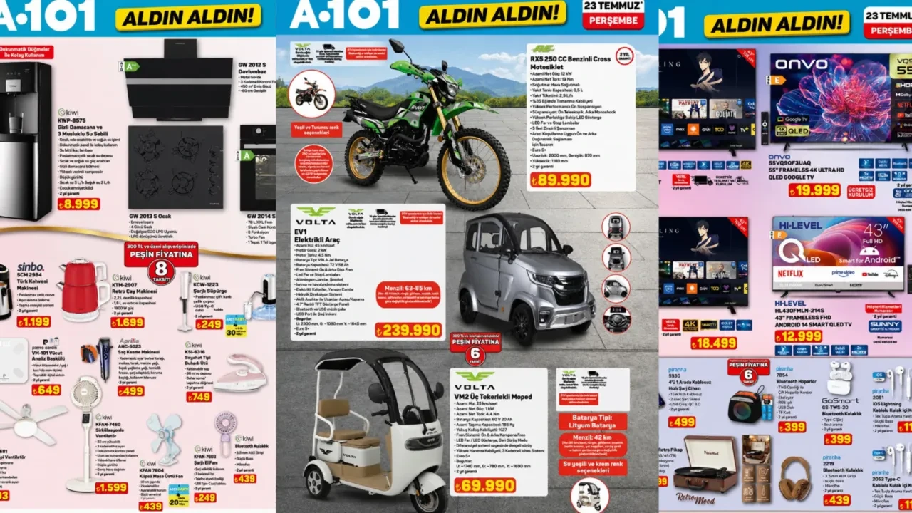 A101 Aktüel Kataloğu 23 Temmuz Perşembe! Elektronik ev ürünleri, su sebili, tavan tipi vantilatör, çay ve kahve makinesi geliyor