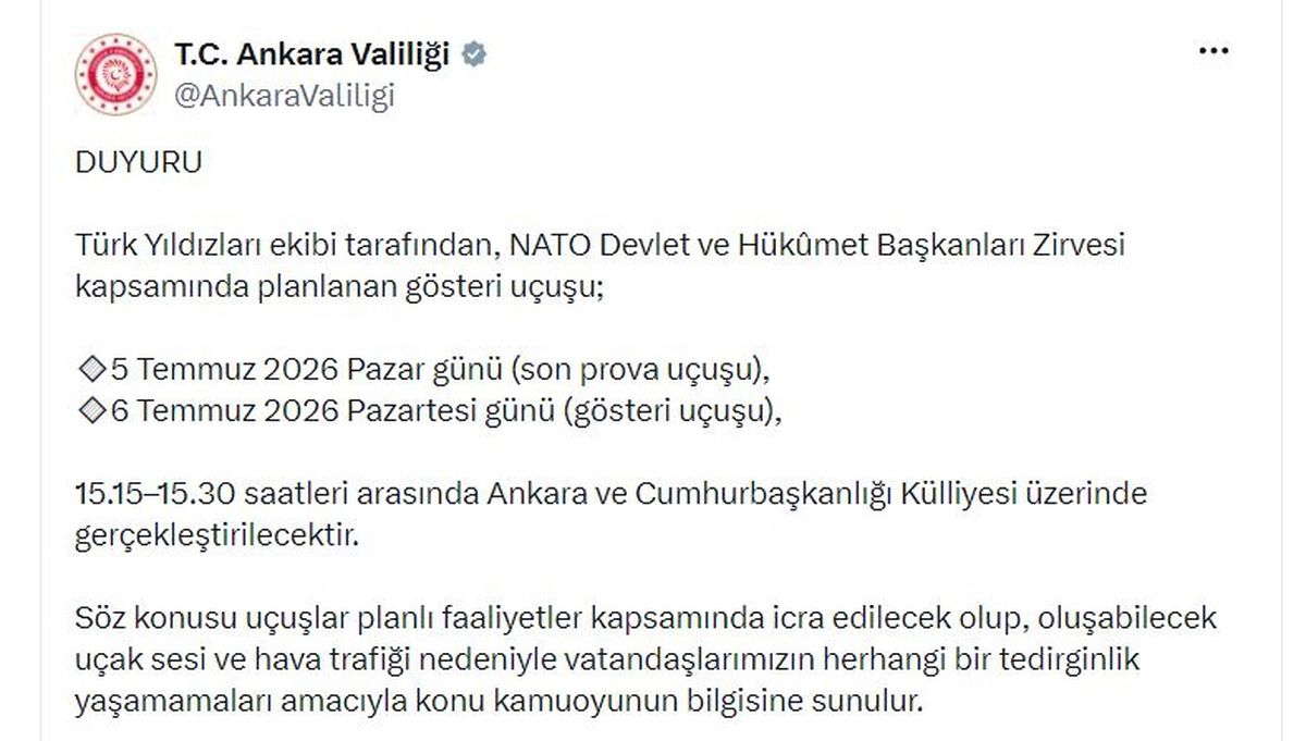 Ankara Valiliği'nden gösteri uçuşları öncesi 'ses' uyarısı