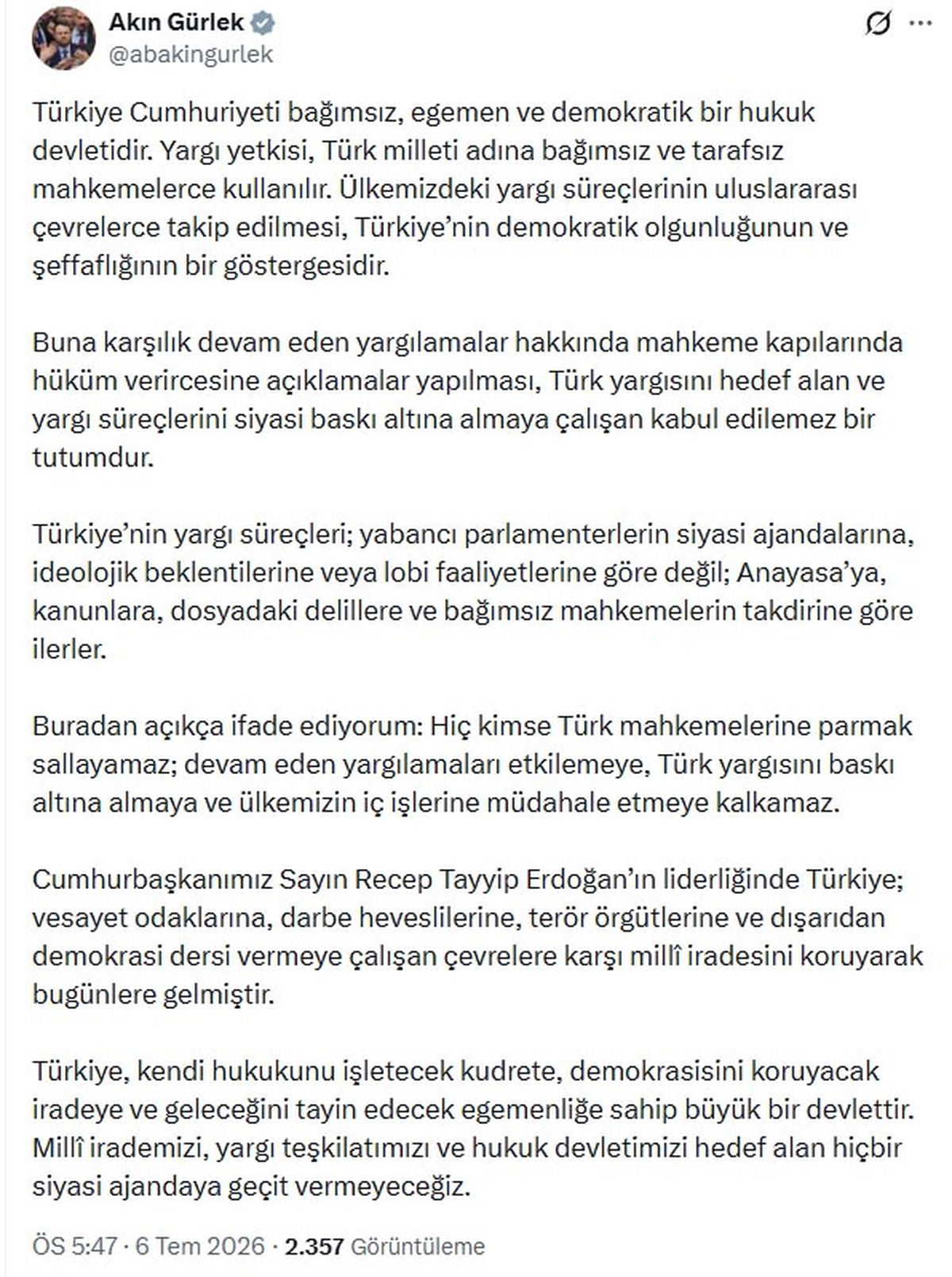 Bakan Gürlek: Türkiye'de yargı süreçleri bağımsız mahkemelerin takdirine göre ilerler