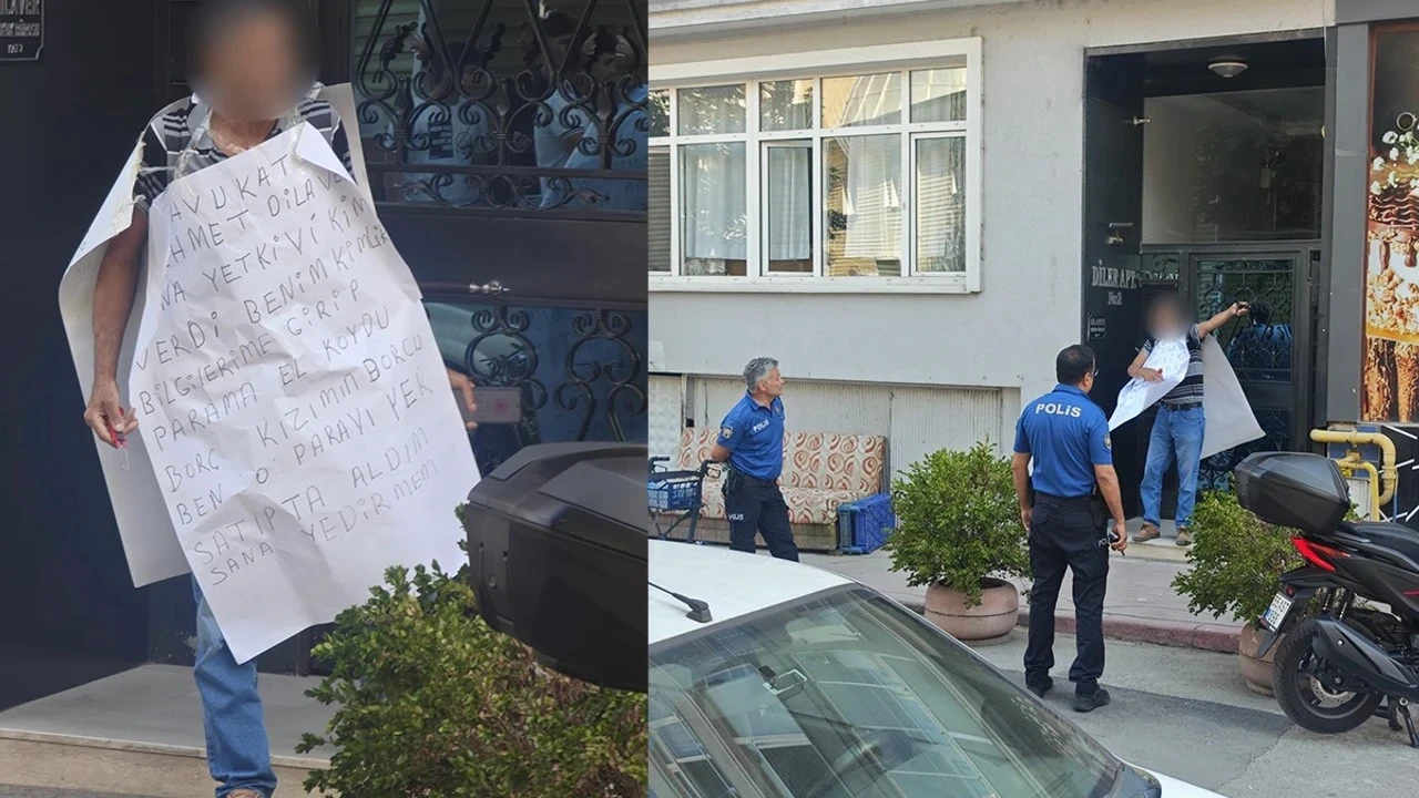 Üzerine pankart astı, kendini bıçağa sokağa attı! Polis durdurmak için dakikalarca uğraştı