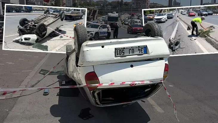 Aydınlatma direğine çarpan otomobil takla attı! Feci kaza kamerada