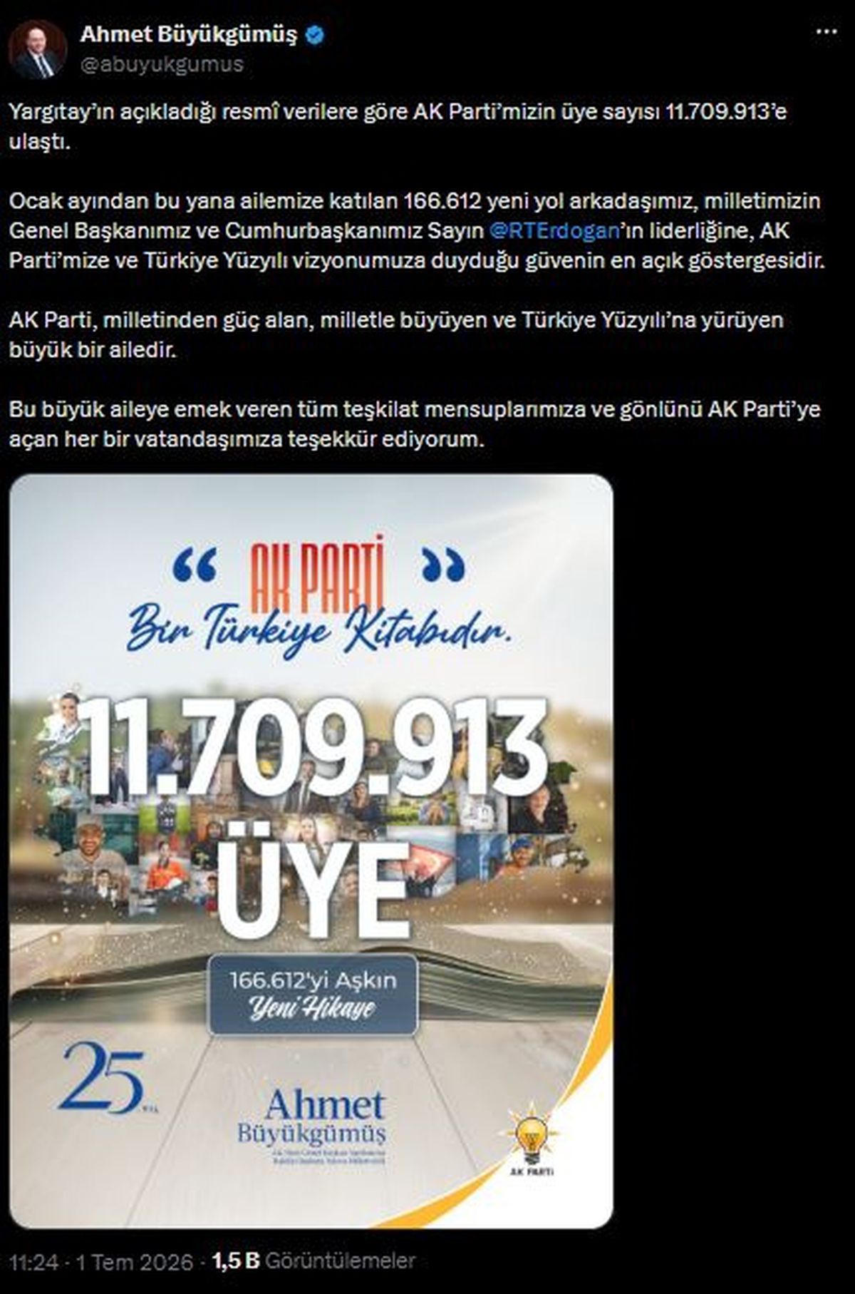 AK Parti'li Büyükgümüş: AK Parti'mizin üye sayısı 11 milyon 709 bin 913'e ulaştı