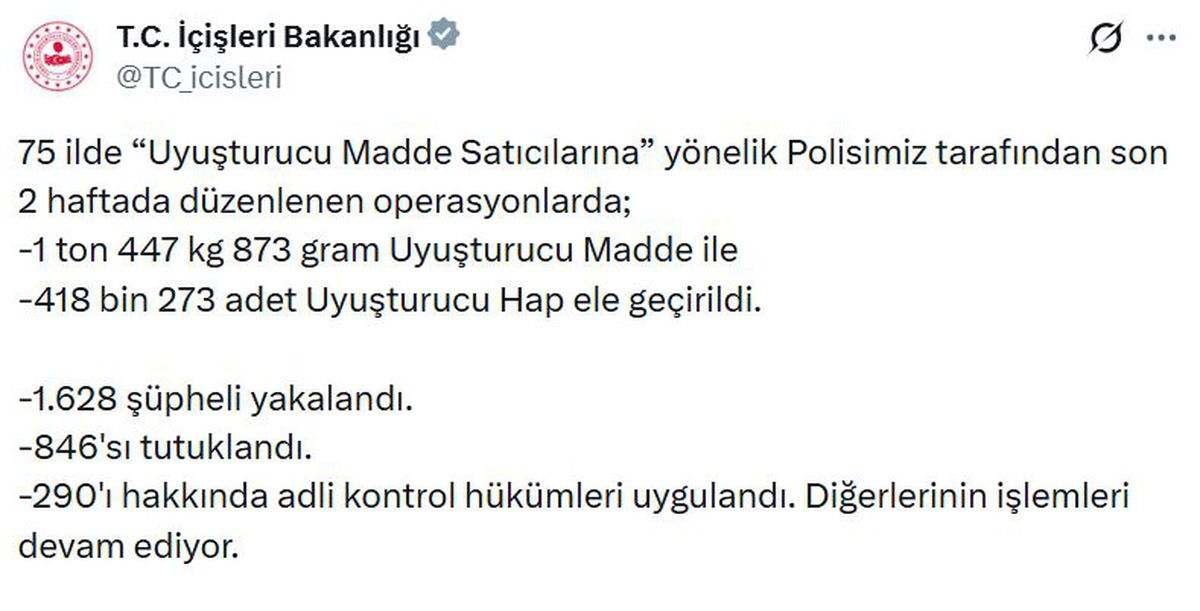 75 ilde uyuşturucu satıcılarına operasyon: 846 tutuklama