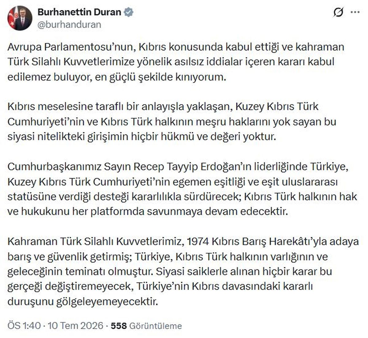 İletişim Başkanı Duran: Avrupa Parlamentosu'nun Kıbrıs kararı kabul edilemez