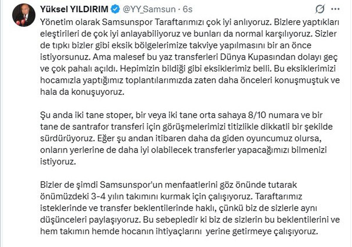 Samsunspor Başkanı: 3 Yılda İlk 5 Hedefliyoruz
