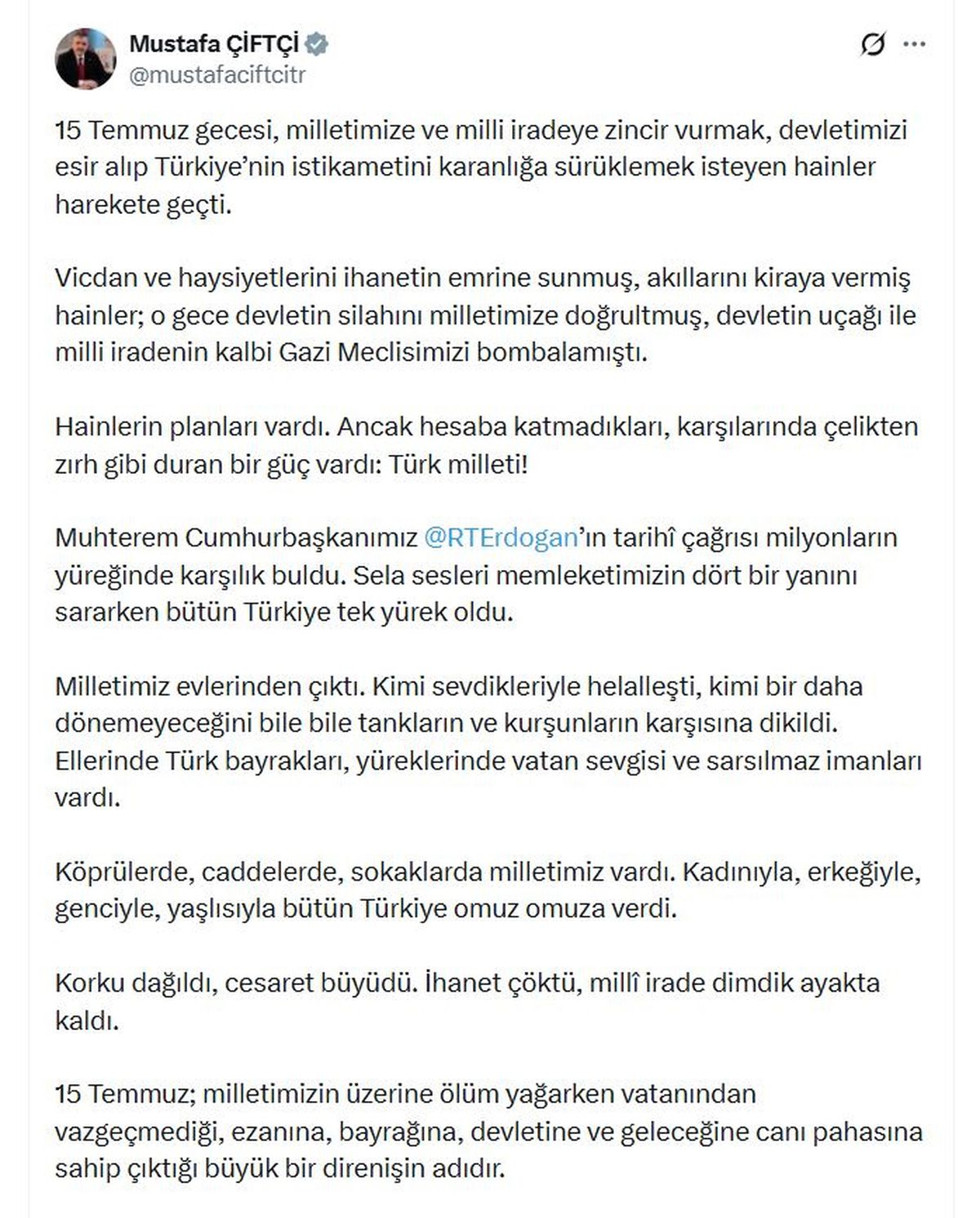 Bakan Çiftçi'den '15 Temmuz' mesajı
