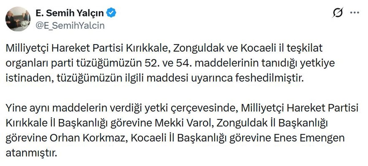 MHP Kırıkkale, Zonguldak ve Kocaeli il teşkilatları feshedildi