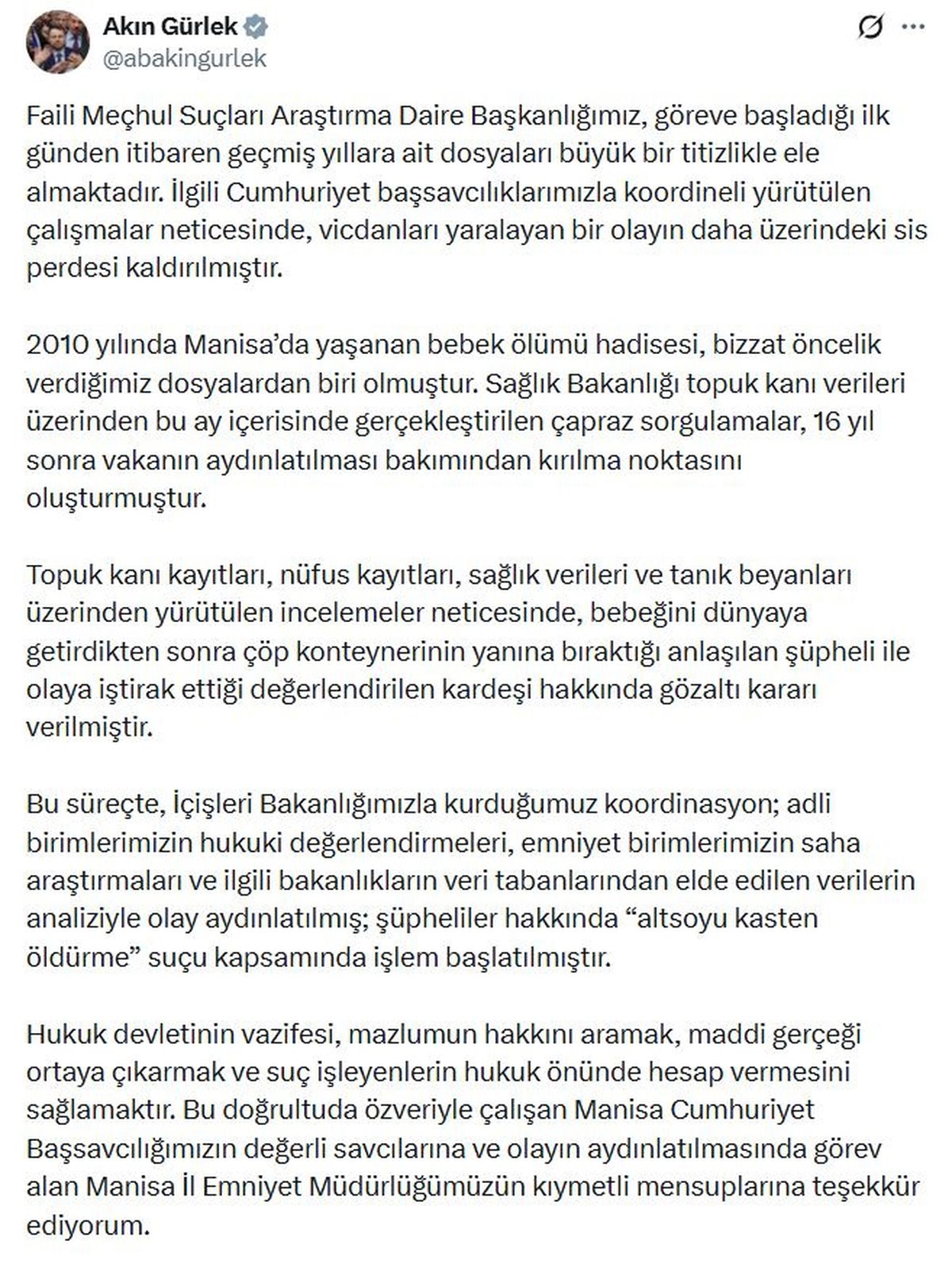 Bakan Gürlek: Bebeğini çöpe bıraktığı tespit edilen şüpheli ve kardeşi hakkında gözaltı kararı verildi