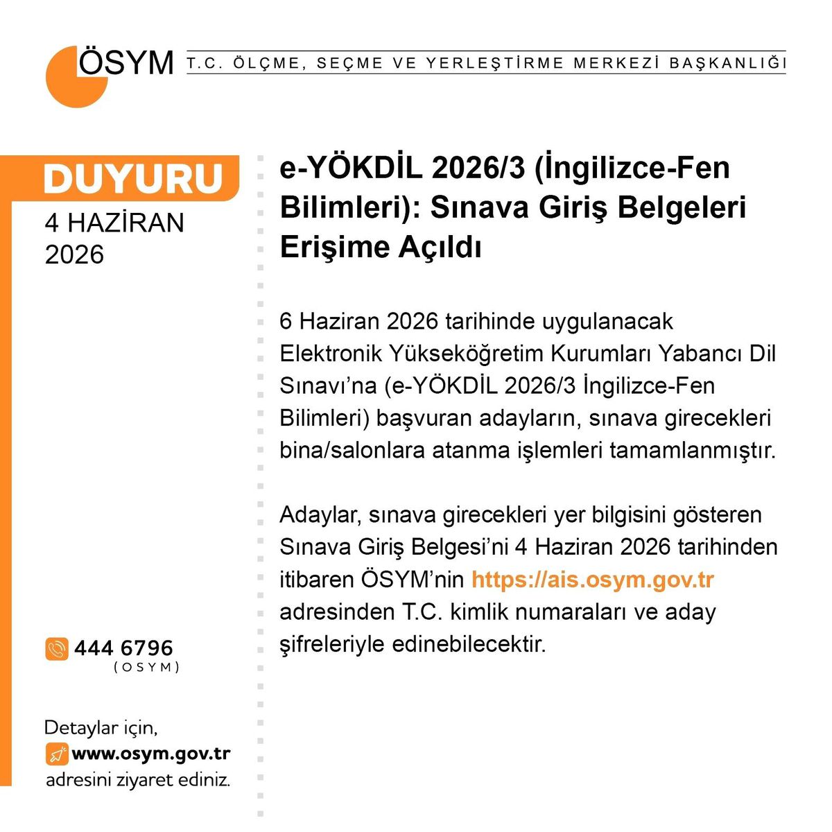 e-YÖKDİL 2026/3 sınava giriş belgeleri erişime açıldı