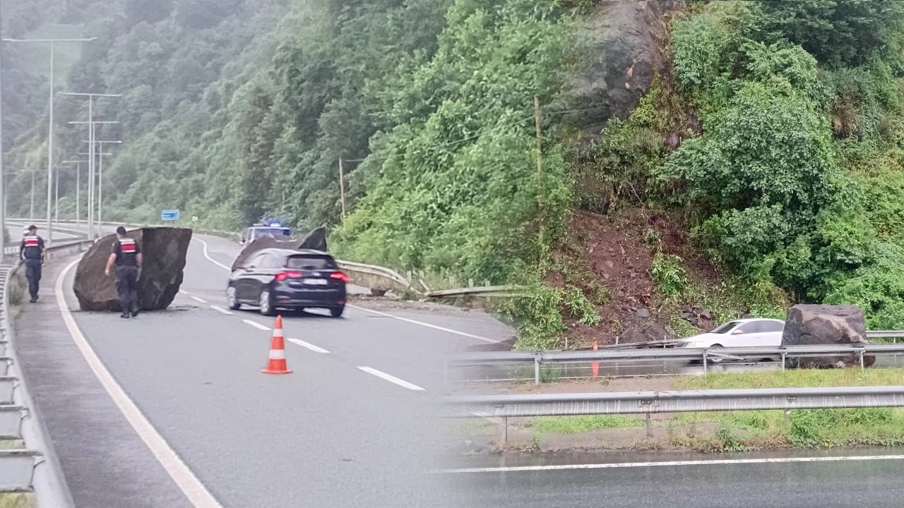 Rize'de yürekler ağza geldi: Kendi hallerinde ilerlerken önlerine kaya düştü
