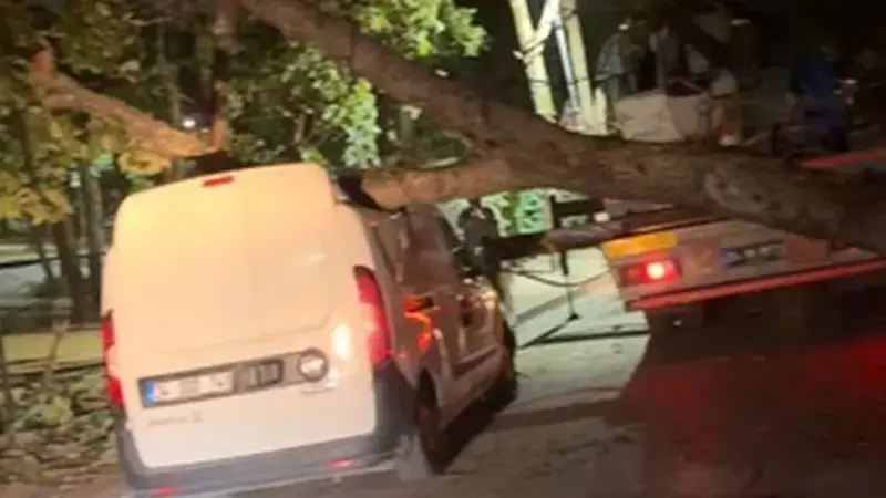 Sancaktepe’de fırtınada devrilen ağaç hafif ticari aracın üzerine düştü