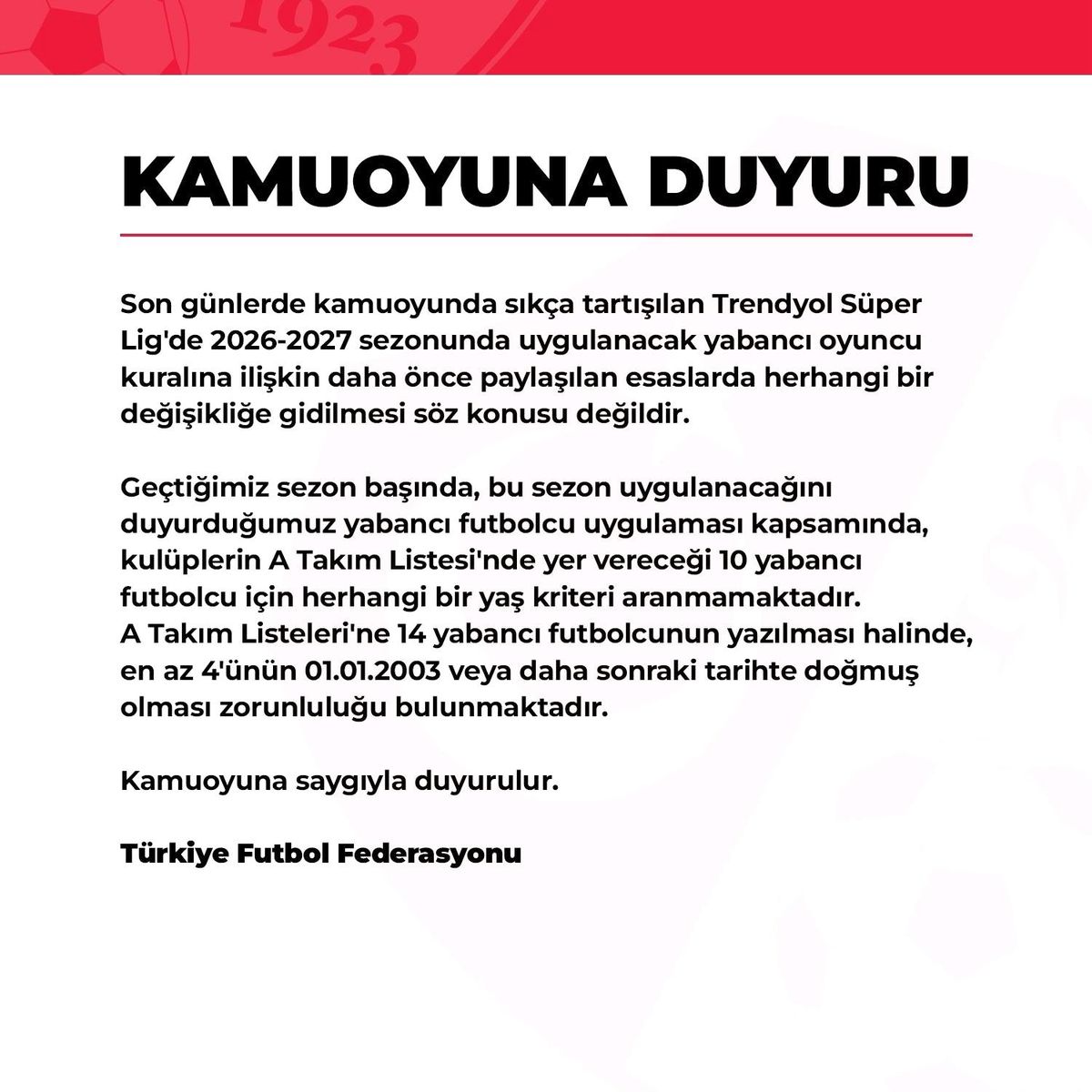 TFF, yeni sezonda yabancı kuralında değişiklik yapılmayacağını açıkladı