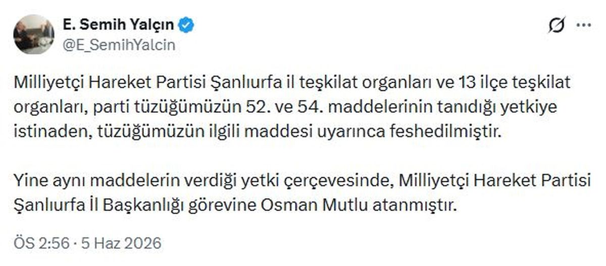 MHP'li Yalçın: Şanlıurfa il teşkilatı feshedildi