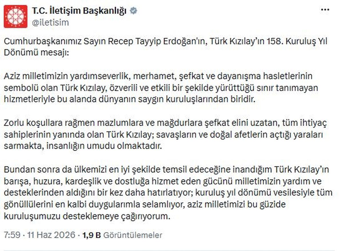 Cumhurbaşkanı Erdoğan'dan Türk Kızılay'ın 158'nci kuruluş yıl dönümü mesajı