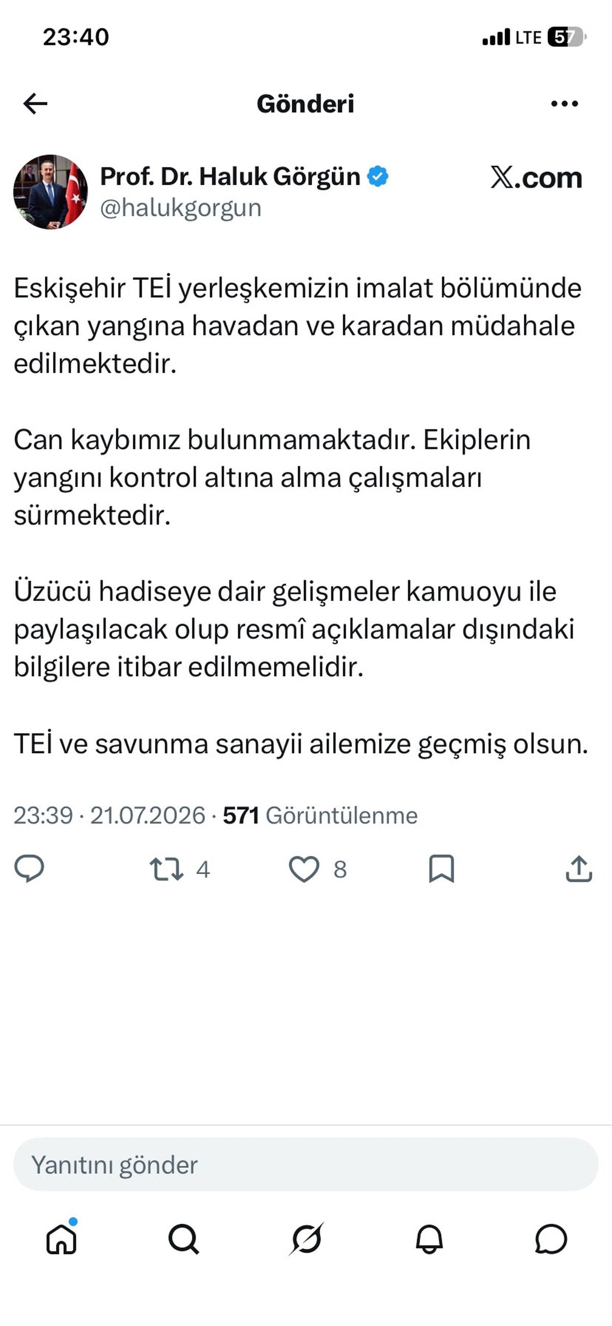 Eskişehir'de TEI yerleşkesinde yangın