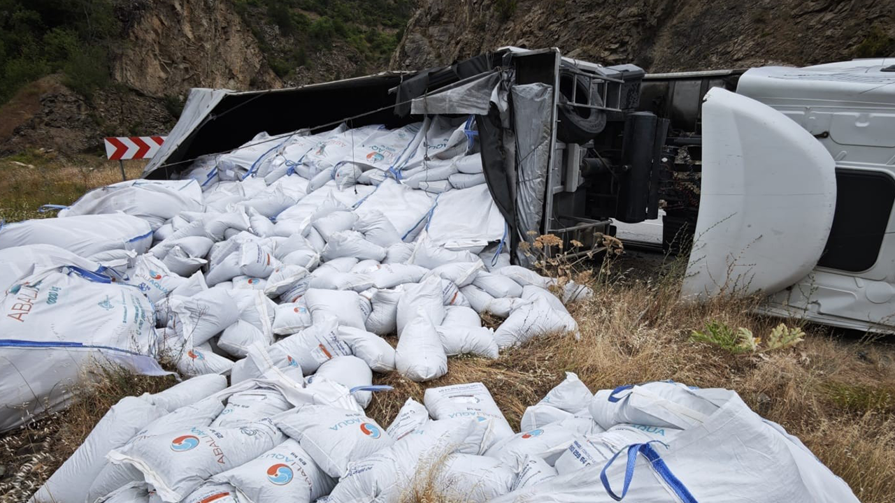 Gümüşhane'de balık yemi yüklü tır devrildi: Sürücü yaralandı