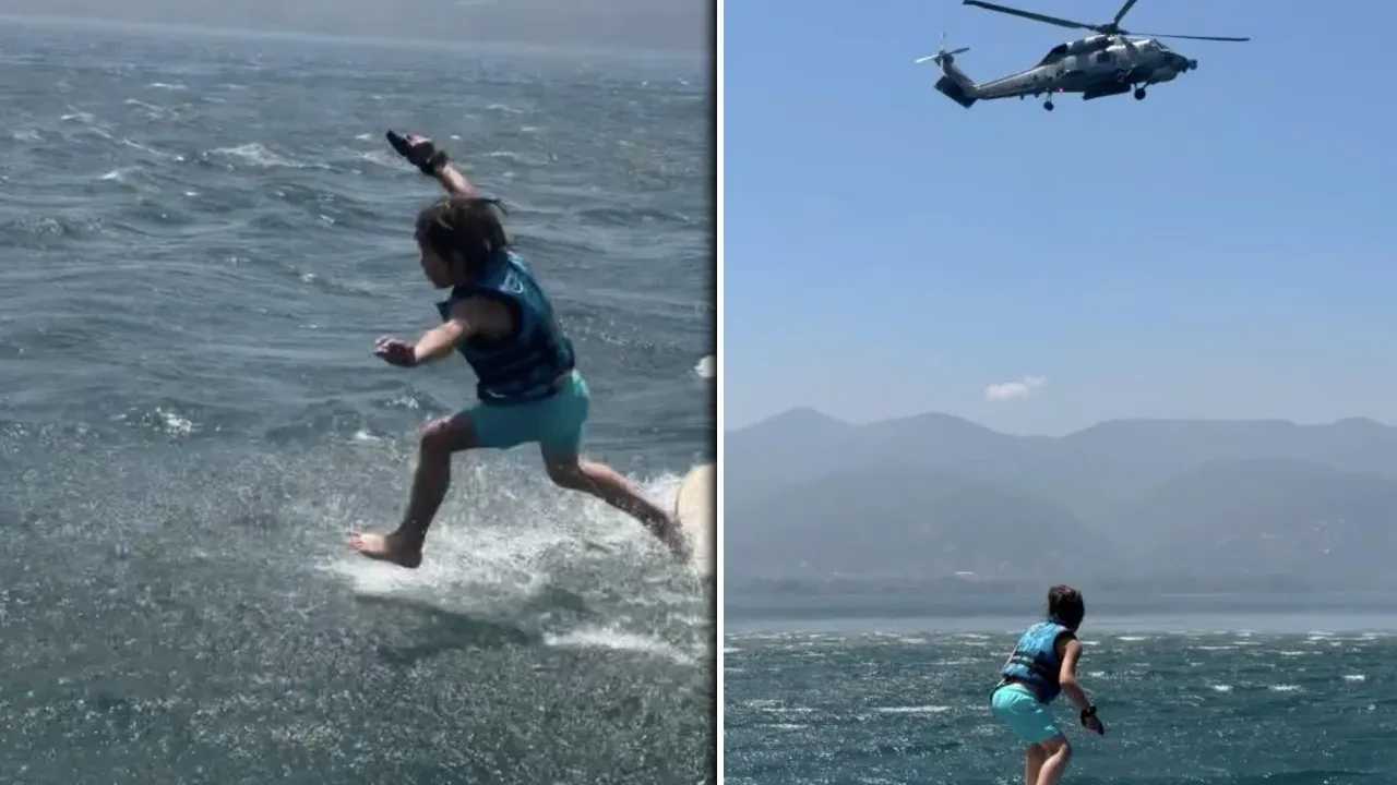 Küçük yetenek Zayn bu kez sörfte! Helikopterli şovda yaşanan kaza kamerada