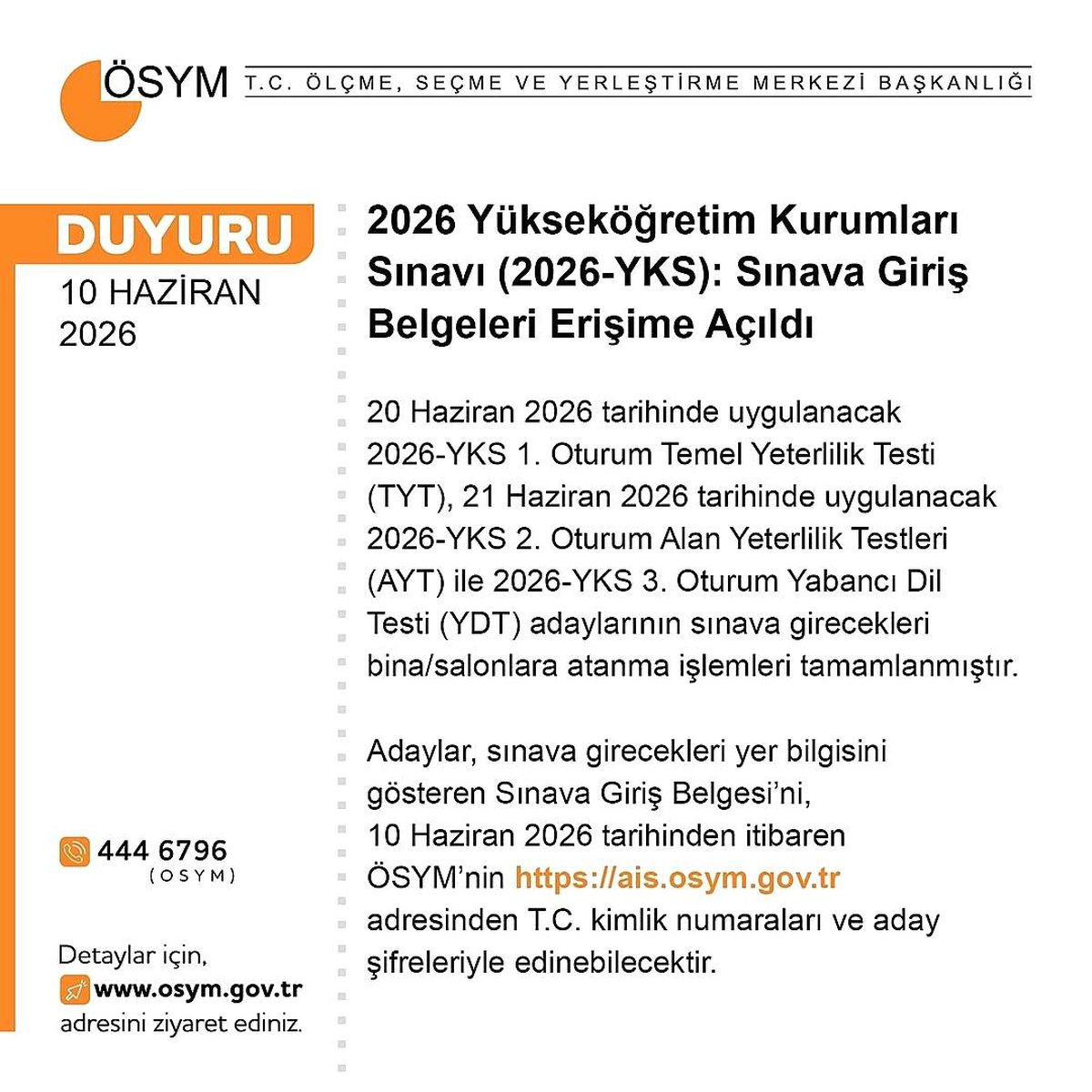 YKS giriş belgeleri erişime açıldı