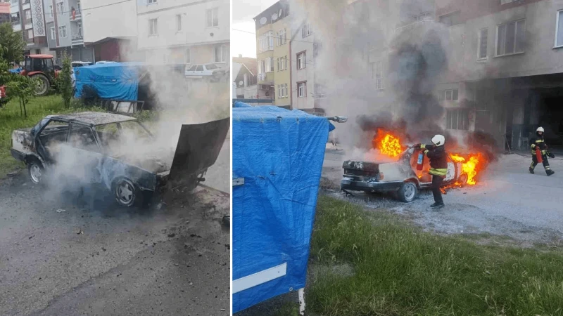 Bafra’da kaportacı dükkanında korkutan yangın: Otomobil alev aldı