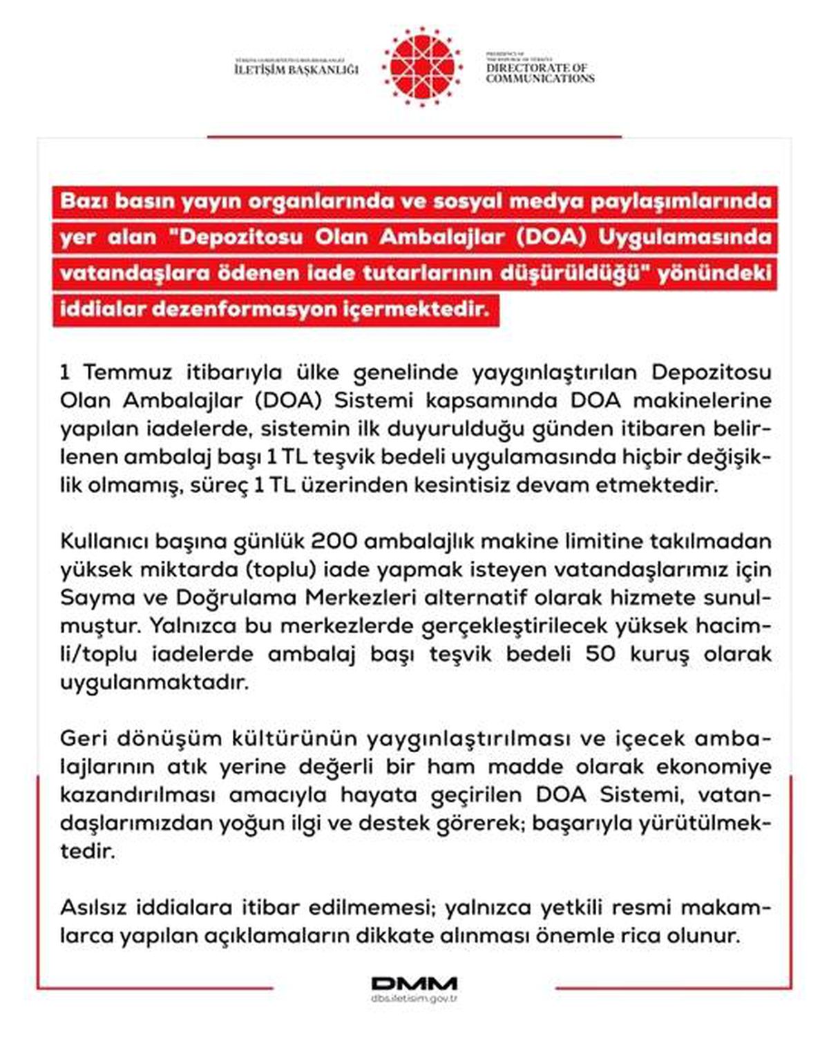 DMM'den "DOA Uygulamasında vatandaşlara ödenen iade tutarının düşürüldüğü" iddialarına yalanlama