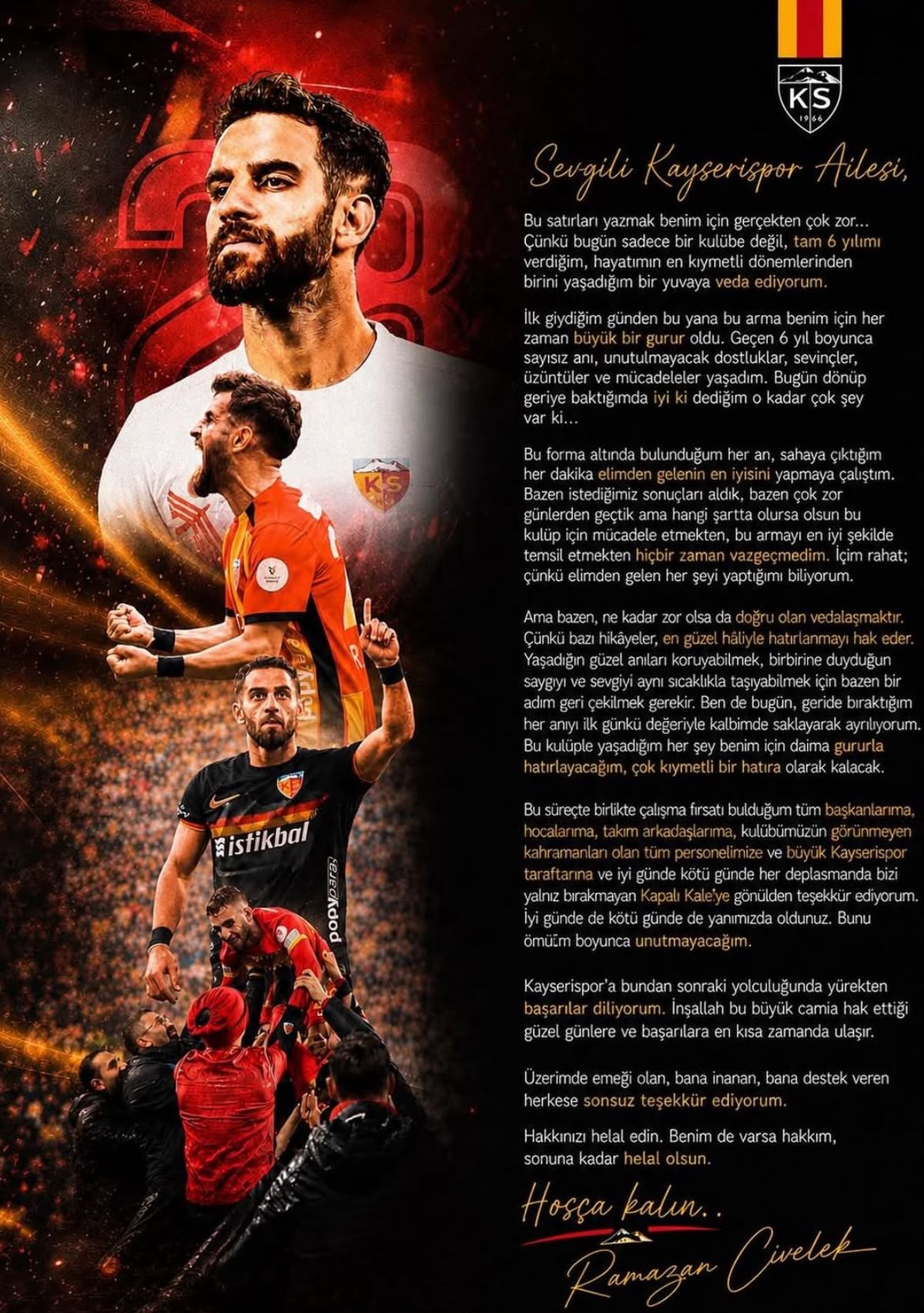 Ramazan Civelek, Kayserispor'a veda etti
