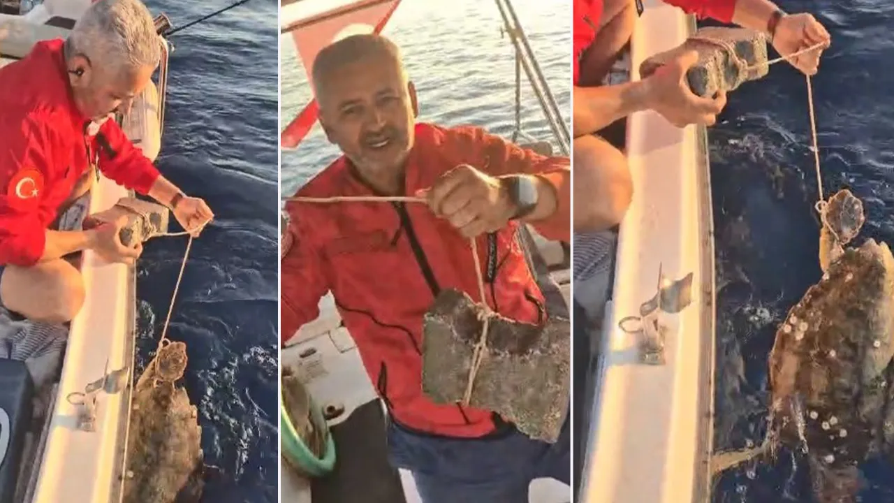 Korkunç olay! Gören balıkçılar inanamadı! Kaplumbağanın ayağına kaldırım taşı bağlayıp denize atmışlar