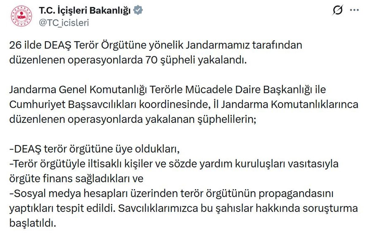 İçişleri Bakanlığı'ndan DEAŞ Operasyonu: 70 Şüpheli Yakalandı