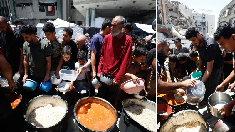 Gazze’de yerinden edilen Filistinlilere sıcak yemek dağıtımı yapıldı