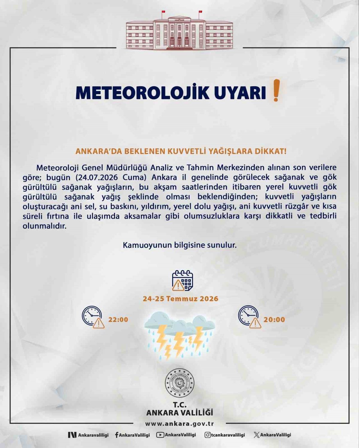 Ankara'da kuvvetli yağış uyarısı