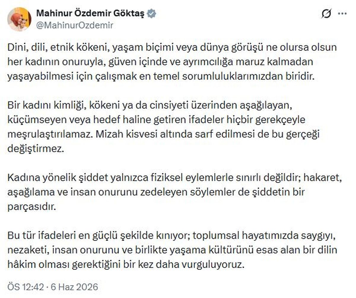 Bakan Göktaş: Kadını küçümseyen ifadeler hiçbir gerekçeyle meşrulaştırılamaz