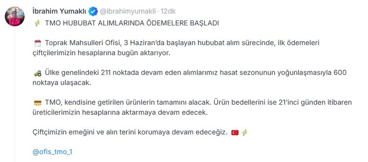 Bakan Yumaklı: TMO hububat alımlarında ödemelere başladı