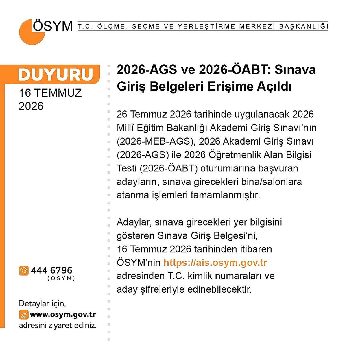 AGS ve ÖABT'nin giriş belgeleri erişime açıldı