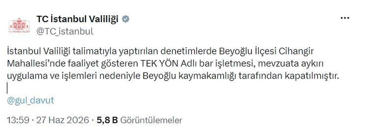 Beyoğlu'nda bir bar işletmesi kapatıldı