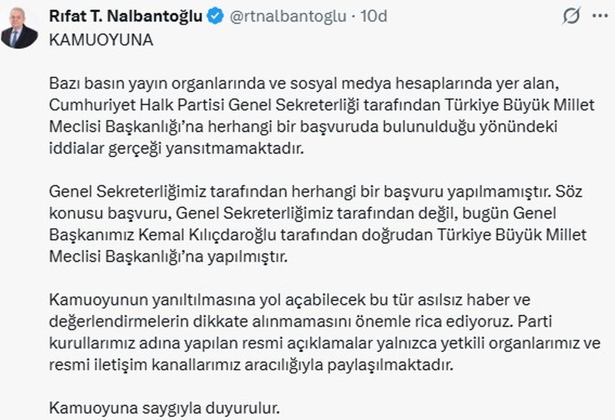 CHP'li Nalbantoğlu'ndan 'TBMM Başkanlığı'na başvuru' açıklaması